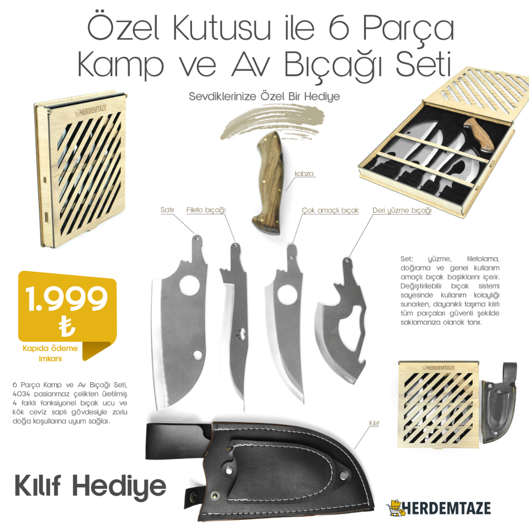 6 Parça Kamp ve Av Bıçağı Seti – Özel Kutulu, 4034 Kalite Paslanmaz Çelik
